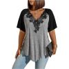 imageOYOANGLE Womens Plus Size Contrast Lace Colorblock V Neck Short Sleeve Tee Shirt Asymmetrical Hem Loose TeesBlack Grey