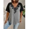 imageOYOANGLE Womens Plus Size Contrast Lace Colorblock V Neck Short Sleeve Tee Shirt Asymmetrical Hem Loose TeesBlack Grey