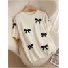 imageOYOANGLE Womens Plus Size Cute Bow Print Short Sleeve Sweater Crew Neck Pullover Knit TopsBeige