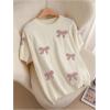 imageOYOANGLE Womens Plus Size Cute Bow Print Short Sleeve Sweater Crew Neck Pullover Knit TopsPink