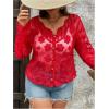 imageOYOANGLE Womens Plus Size Floral Appliques Long Sleeve Button Front Sheer Cardigan Lightweight See Through OuterwearRed