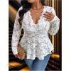 imageOYOANGLE Womens Plus Size Lace Sheer Long Sleeve Blouse V Neck Scallop Trim Ruffle Peplum TopsApricot