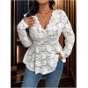 imageOYOANGLE Womens Plus Size Lace Sheer Long Sleeve Blouse V Neck Scallop Trim Ruffle Peplum TopsApricot