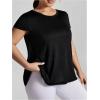 imageOYOANGLE Womens Plus Size Letter Tape Criss Cross Short Sleeve Sports Tee Shirt Breathable Athletic Gym Yoga TopBlack