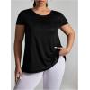 imageOYOANGLE Womens Plus Size Letter Tape Criss Cross Short Sleeve Sports Tee Shirt Breathable Athletic Gym Yoga TopBlack