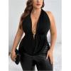 imageOYOANGLE Womens Plus Size Metal Ring Linked Plunge Neck Halter Crop Top Open Back Ruched Party TopsBlack