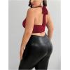 imageOYOANGLE Womens Plus Size Metal Ring Linked Plunge Neck Halter Crop Top Open Back Ruched Party TopsBurgundy