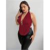 imageOYOANGLE Womens Plus Size Metal Ring Linked Plunge Neck Halter Crop Top Open Back Ruched Party TopsBurgundy