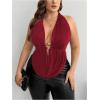 imageOYOANGLE Womens Plus Size Metal Ring Linked Plunge Neck Halter Crop Top Open Back Ruched Party TopsBurgundy