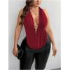 imageOYOANGLE Womens Plus Size Metal Ring Linked Plunge Neck Halter Crop Top Open Back Ruched Party TopsBurgundy