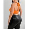 imageOYOANGLE Womens Plus Size Metal Ring Linked Plunge Neck Halter Crop Top Open Back Ruched Party TopsOrange