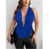 imageOYOANGLE Womens Plus Size Metal Ring Linked Plunge Neck Halter Crop Top Open Back Ruched Party TopsRoyal Blue
