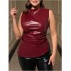 imageOYOANGLE Womens Plus Size PU Leather Ruched Tank Top Mock Neck Sleeveless Fitted TopsRed