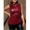 imageOYOANGLE Womens Plus Size PU Leather Ruched Tank Top Mock Neck Sleeveless Fitted TopsRed