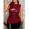 imageOYOANGLE Womens Plus Size PU Leather Ruched Tank Top Mock Neck Sleeveless Fitted TopsRed