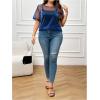 imageOYOANGLE Womens Plus Size See Through Top Metallic Mesh Sheer Short Sleeve Rave T Shirt BlouseBlue