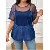 imageOYOANGLE Womens Plus Size See Through Top Metallic Mesh Sheer Short Sleeve Rave T Shirt BlouseBlue