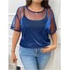 imageOYOANGLE Womens Plus Size See Through Top Metallic Mesh Sheer Short Sleeve Rave T Shirt BlouseBlue