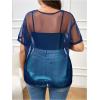 imageOYOANGLE Womens Plus Size See Through Top Metallic Mesh Sheer Short Sleeve Rave T Shirt BlouseBlue
