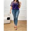 imageOYOANGLE Womens Plus Size See Through Top Metallic Mesh Sheer Short Sleeve Rave T Shirt BlousePurple