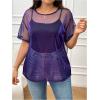 imageOYOANGLE Womens Plus Size See Through Top Metallic Mesh Sheer Short Sleeve Rave T Shirt BlousePurple
