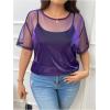 imageOYOANGLE Womens Plus Size See Through Top Metallic Mesh Sheer Short Sleeve Rave T Shirt BlousePurple