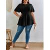 imageOYOANGLE Womens Plus Size Short Sleeve Peplum Blouse Waffle Knitted Flared Round Neck Shirts TopsBlack