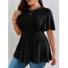 imageOYOANGLE Womens Plus Size Short Sleeve Peplum Blouse Waffle Knitted Flared Round Neck Shirts TopsBlack