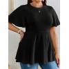 imageOYOANGLE Womens Plus Size Short Sleeve Peplum Blouse Waffle Knitted Flared Round Neck Shirts TopsBlack