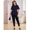 imageOYOANGLE Womens Plus Size Short Sleeve Peplum Blouse Waffle Knitted Flared Round Neck Shirts TopsDark Blue