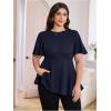 imageOYOANGLE Womens Plus Size Short Sleeve Peplum Blouse Waffle Knitted Flared Round Neck Shirts TopsDark Blue