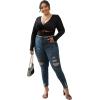 imageOYOANGLE Womens Plus Size Solid Long Sleeve V Neck Cut Out Tie Front Ruched Slim Fit Crop Tee TopBlack