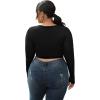 imageOYOANGLE Womens Plus Size Solid Long Sleeve V Neck Cut Out Tie Front Ruched Slim Fit Crop Tee TopBlack