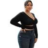 imageOYOANGLE Womens Plus Size Solid Long Sleeve V Neck Cut Out Tie Front Ruched Slim Fit Crop Tee TopBlack
