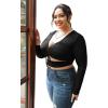 imageOYOANGLE Womens Plus Size Solid Long Sleeve V Neck Cut Out Tie Front Ruched Slim Fit Crop Tee TopBlack