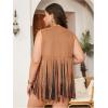 imageOYOANGLE Womens Plus Size Suede Fringe Vest Sleeveless Rivets Boho Tassel Hippie Jacket OuterwearBrown
