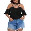 imageOYOANGLE Womens Plus Size Cold Shoulder Halter Blouse Cut Out Ruffle Half Sleeve Shirt TopsBlack