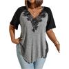 imageOYOANGLE Womens Plus Size Contrast Lace Colorblock V Neck Short Sleeve Tee Shirt Asymmetrical Hem Loose TeesBlack Grey