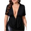 imageOYOANGLE Womens Plus Size Deep V Neck Draped Blouse Tops Short Sleeve Elegant TopBlack