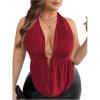 imageOYOANGLE Womens Plus Size Metal Ring Linked Plunge Neck Halter Crop Top Open Back Ruched Party TopsBurgundy