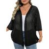 imageOYOANGLE Womens Plus Size Open Front Crochet Cardigan Sweater 34 Sleeve Knitted OuterwearBlack
