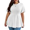 imageOYOANGLE Womens Plus Size Short Sleeve Peplum Blouse Waffle Knitted Flared Round Neck Shirts TopsWhite