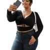 imageOYOANGLE Womens Plus Size Solid Long Sleeve V Neck Cut Out Tie Front Ruched Slim Fit Crop Tee TopBlack