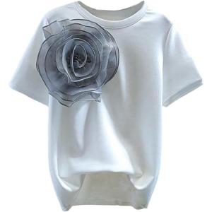 imageOYOANGLE Womens Plus Size 3D Floral Appliques Tee Shirts Crew Neck Ruffle Short Sleeve Solid Casual Shirt TopsWhite