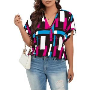 imageOYOANGLE Womens Plus Size Blouses Summer Casual Print Short Sleeve V Neck Office Shirt TopsPink Blue