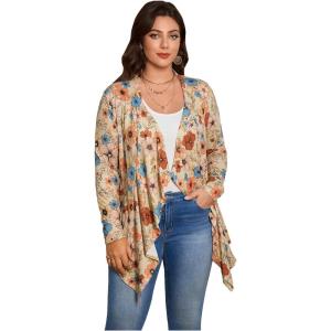 imageOYOANGLE Womens Plus Size Boho Floral Print Long Sleeve Open Front Kimono Lightweight Asymmetrical CardiganKhaki
