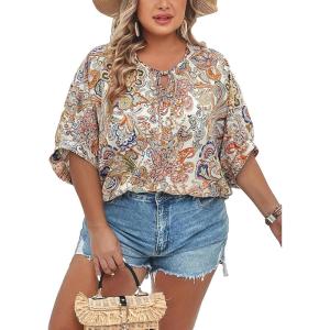 imageOYOANGLE Womens Plus Size Boho Tie Neck Half Sleeve Loose Blouse Summer Casual Shirt TopsMulticolor