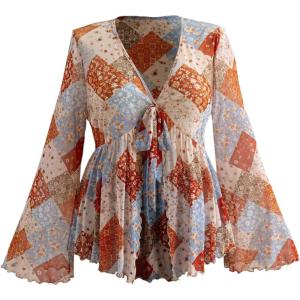 imageOYOANGLE Womens Plus Size Boho Tribal Print Long Sleeve Tie Front Blouse V Neck Flowy Ruffle Peplum TopsMulticolor