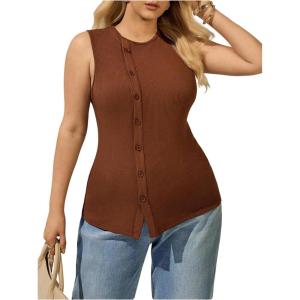 imageOYOANGLE Womens Plus Size Button Down Ribbed Tank Tops Crew Neck Split Hem Sleeveless ShirtsBrown