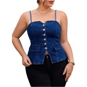 imageOYOANGLE Womens Plus Size Button Up Denim Cami Top Spaghetti Strap Fitted Jean TopsBlue